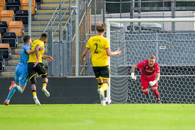 August 4, 2026: Goalkeeper Robin Wallinder during the Champions League soccer qualifying match between Mjällby and Slovan Bratislava on August 4, 2026 in Hällevik. Photo by Christoffer Borg Mattisson, BILDBYRAN COP 261 CB0545 soccer football UEFA Champions League Mjällby Slovan Bratislava bbeng  Copyright: CHRISTOFFERxBORGxMATTISSON BB260804CB061