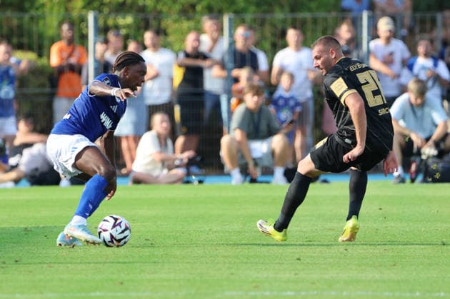 August 4, 2026, Soccer, Men s, Friendly Match, 2026–2027 Season, Racing Strasbourg vs. SV 07 Elversberg, Luca Sirch (SV 07 Elversberg), Martial Godo (Racing Strasbourg), Haguenau, Parc des Sports de Haguenau, Grand Est, France (FRA) Copyright: xSebastianxBachx