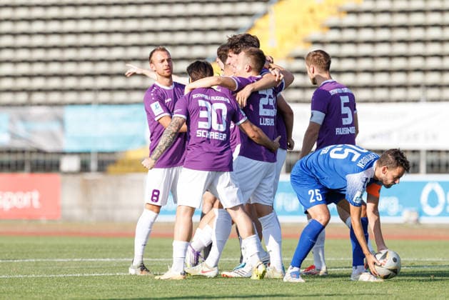TSV Schwaben Augsburg scores the 1-0 goal in the match between TSV Schwaben Augsburg and FV Illertissen, soccer, men s, Toto Cup, 2026–2027, Matchday 1 on August 4, 2026, in Augsburg, Rosenaustadion, Bavaria, Germany