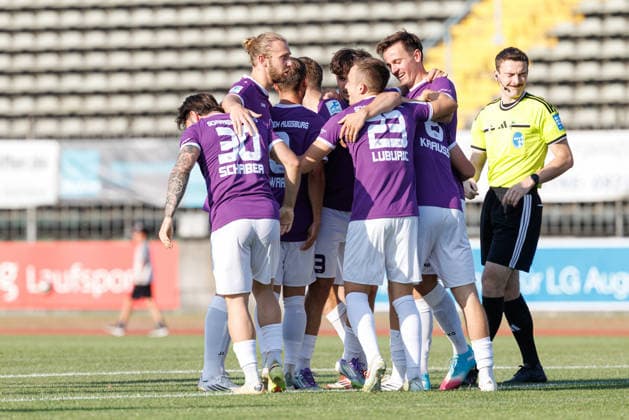 TSV Schwaben Augsburg scores the 1-0 goal in the match between TSV Schwaben Augsburg and FV Illertissen, soccer, men s, Toto Cup, 2026–2027, Matchday 1 on August 4, 2026, in Augsburg, Rosenaustadion, Bavaria, Germany