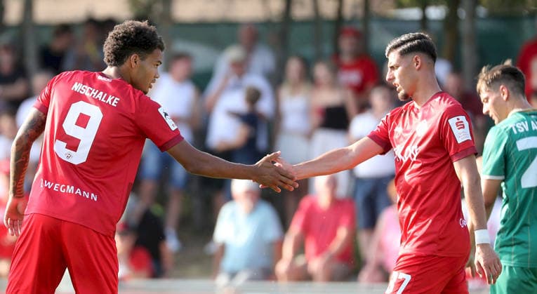 August 4, 2026, xfsx, Men s, Soccer, 2026–2027 Season, BFV Association Cup, 2nd Round: TSV Abtswind vs. FC Würzburger Kickers; from left: Jermain Nischalke (FC Würzburger Kickers), Ivan Franjic of FC Würzburger Kickers celebrating the goal, goal celebration, celebrating the 0–1 goal at Abtswind Kraeuter Mix Arena, Kitzingen, Germany