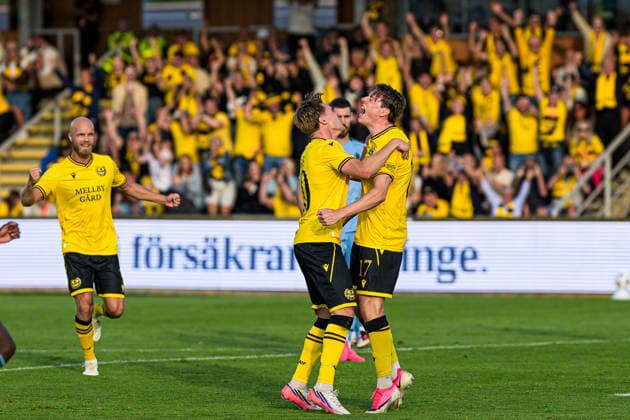 August 4, 2026: Elliot Stroud of Mjällby celebrates after scoring the 1-0 goal during the Champions League soccer qualifying match between Mjällby and Slovan Bratislava on August 4, 2026 in Hällevik. Photo by Christoffer Borg Mattisson, BILDBYRAN COP 261 CB0545 soccer football UEFA Champions League Mjällby Slovan Bratislava BBENG celebration  Copyright: CHRISTOFFERxBORGxMATTISSON BB260804CB092