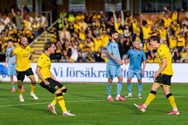 August 4, 2026: Elliot Stroud of Mjällby celebrates after scoring the 1-0 goal during the Champions League soccer qualifying match between Mjällby and Slovan Bratislava on August 4, 2026 in Hällevik. Photo by Christoffer Borg Mattisson, BILDBYRAN COP 261 CB0545 soccer football UEFA Champions League Mjällby Slovan Bratislava BBENG celebration  Copyright: CHRISTOFFERxBORGxMATTISSON BB260804CB093