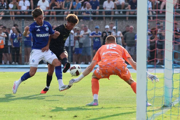August 4, 2026, Soccer, Men s, Friendly Match, 2026–2027 Season, Racing Strasbourg vs. SV 07 Elversberg, shot on goal for the 2–3, goal scorer Noah Darvich, SV 07 Elversberg, Haguenau, Parc des Sports de Haguenau, Grand Est, France, FRA Copyright: xSebastianxBachx