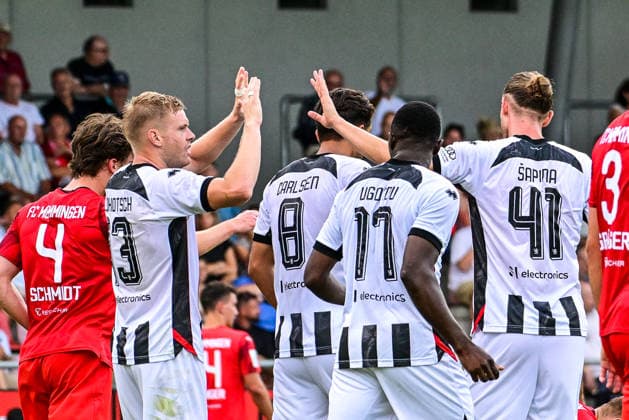 August 4, 2026, GER, Soccer, Men s, Bavarian Toto Cup, 2026–2027 Season, FC Memmingen vs. FC Ingolstadt 04; Ingolstadt players celebrate after scoring the 2–0 goal; Fredrik Carlsen (Ingolstadt), No. 8, center of the frame; Memmingen, ArenaPark, Bavaria, Germany Copyright: xNordphotox xHafnerx