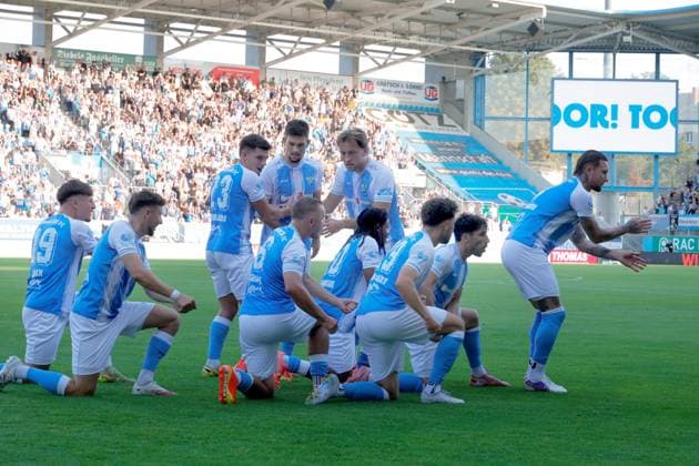 CFC vs. FSV Zwickau, August 4, 2026, Chemnitz, eins Stadium on Gellertstrasse, Sports, Soccer, Northeast Regional League 2026–2027, Matchday 3, CFC, CFC vs. FSV Zwickau Goal celebration at CFC Chemnitz, Saxony, Germany
