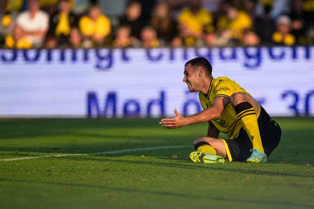 August 4, 2026: Ali Youssef of Mjällby in pain during the Champions League soccer qualifying match between Mjällby and Slovan Bratislava on August 4, 2026 in Hällevik. Photo by Christoffer Borg Mattisson, BILDBYRAN COP 261 CB0545 soccer football UEFA Champions League Mjällby Slovan Bratislava bbeng  Copyright: CHRISTOFFERxBORGxMATTISSON BB260804CB113