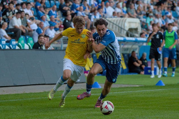 August 4, 2026 Men s Soccer 2026–2027 Northeast Regional League, Matchday 3: 1. FC Magdeburg II vs. FSV 63 Luckenwalde at Avnet Arena, Magdeburg; Julian Mätzke (Luckenwalde), 11, yellow, in a tackle with Marcel Zajusch, Magdeburg, 28, blue and white, Magdeburg, Saxony-Anhalt, Germany