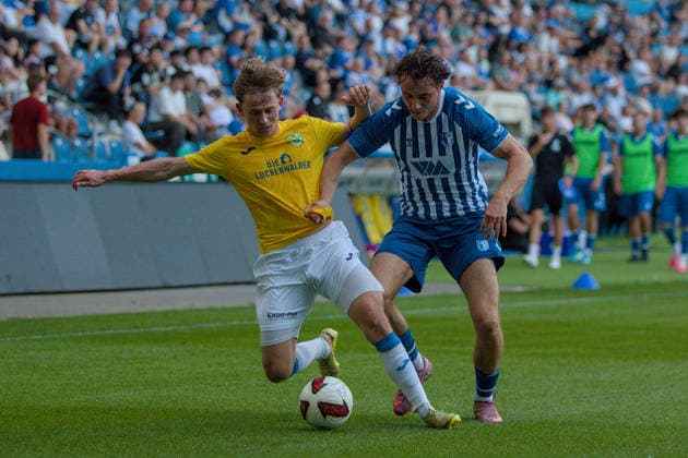 August 4, 2026 Men s Soccer 2026–2027 Northeast Regional League, Matchday 3: 1. FC Magdeburg II vs. FSV 63 Luckenwalde at Avnet Arena, Magdeburg; Julian Mätzke (Luckenwalde), 11, yellow, in a tackle with Marcel Zajusch, Magdeburg, 28, blue and white, Magdeburg, Saxony-Anhalt, Germany