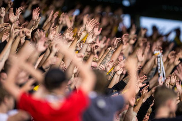 August 4, 2026: Mjällby fans during the Champions League soccer qualifying match between Mjällby and Slovan Bratislava on August 4, 2026 in Hällevik. Photo by Christoffer Borg Mattisson, BILDBYRAN COP 261 CB0545 soccer football UEFA Champions League Mjällby Slovan Bratislava BBENG audience  Copyright: CHRISTOFFERxBORGxMATTISSON BB260804CB118