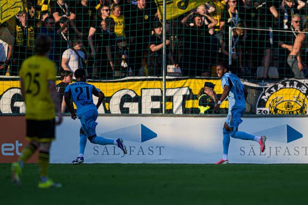 August 4, 2026: Suleiman Camara Sanneh and Manasse Kianga of Slovan Bratislava celebrate after scoring the 1-2 goal during the Champions League soccer qualifying match between Mjällby and Slovan Bratislava on August 4, 2026 in Hällevik. Photo by Christoffer Borg Mattisson, BILDBYRAN COP 261 CB0545 soccer football UEFA Champions League Mjällby Slovan Bratislava BBENG celebration  Copyright: CHRISTOFFERxBORGxMATTISSON BB260804CB121