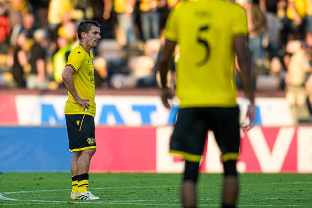 August 4, 2026: Jesper Gustavsson of Mjällby looks dejected after the Champions League soccer qualifying match between Mjällby and Slovan Bratislava on August 4, 2026 in Hällevik. Photo by Christoffer Borg Mattisson, BILDBYRAN COP 261 CB0545 soccer football UEFA Champions League Mjällby Slovan Bratislava bbeng depp  Copyright: CHRISTOFFERxBORGxMATTISSON BB260804CB126