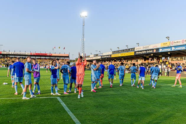 August 4, 2026: Players from Slovan Bratislava celebrate after the Champions League soccer qualifying match between Mjällby and Slovan Bratislava on August 4, 2026 in Hällevik. Photo by Christoffer Borg Mattisson, BILDBYRAN COP 261 CB0545 soccer football UEFA Champions League Mjällby Slovan Bratislava BBENG celebration  Copyright: CHRISTOFFERxBORGxMATTISSON BB260804CB129