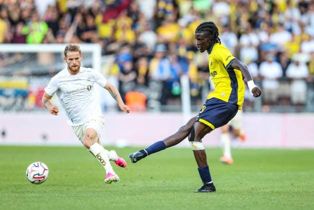 Union s Massire Sylla pictured in action during a soccer game between Belgian Royale Union Saint-Gilloise and Norwegian Bodo Glimt, Tuesday 04 August 2026 in Oostende, in the first leg of the third qualifying round for the UEFA Champions League. BRUNOxFAHY  x182752100x