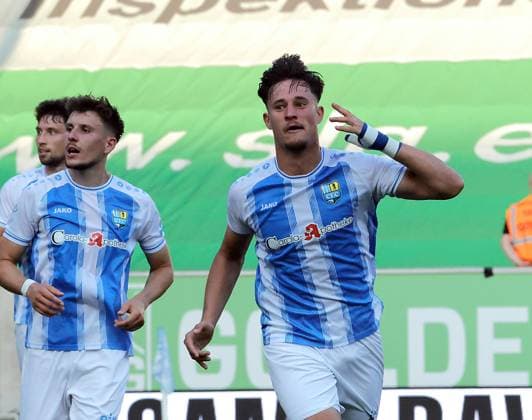 CFC vs. FSV Zwickau, August 4, 2026, Chemnitz, eins Stadium on Gellertstrasse, Sports, Soccer, Northeast Regional League 2026–2027, Matchday 3, CFC, CFC vs. FSV Zwickau—Goal celebration at CFC (right); goal scorer Jonas Marx; Chemnitz, Saxony, Germany