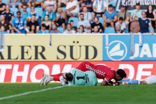 August 4, 2026, GER, Regionalliga Nord Ost, Matchday 3, 2026–2027 Season, Chemnitz, Chemnitzer FC vs. FSV Zwickau; Cemal Sezer of FSV Zwickau 19 in a tackle against David Richter; Chemnitzer FC 1; Chemnitz Eins Stadium; An der Gellertstraße; Saxony; Germany Copyright: xnordphotoxGmbHx xTrienitzx