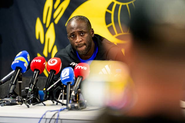 August 4, 2026: Coach Yaya Touré of Slovan Bratislava at the press conference following the Champions League qualifying match between Mjällby and Slovan Bratislava on August 4, 2026 in Hällevik. Photo by Christoffer Borg Mattisson, BILDBYRAN COP 261 CB0545 soccer football UEFA Champions League Mjällby Slovan Bratislava bbeng  Copyright: CHRISTOFFERxBORGxMATTISSON BB260804CB138