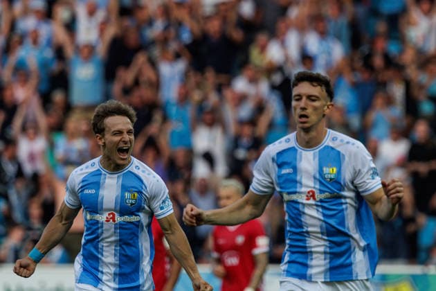 August 4, 2026, GER, Regionalliga Nord Ost, Matchday 3, 2026–2027 Season, Chemnitz, Chemnitzer FC vs. FSV Zwickau; David Vogt of Chemnitzer FC 11 celebrates after the 3–0 win with Maximilian Fesser of Chemnitzer FC 17 at Chemnitz Eins Stadium on Gellertstraße, Saxony, Germany Copyright: xnordphotoxGmbHx xTrienitzx
