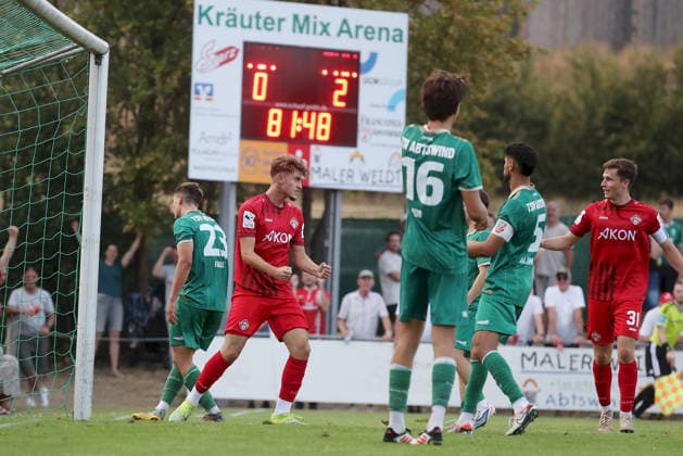 August 4, 2026, xfsx, Men s, Soccer, 2026–2027 Season, BFV Association Cup, 2nd Round: TSV Abtswind vs. FC Würzburger Kickers; from left: Patrick Falk (TSV Abtswind), Tiago de Moura Moraes (FC Würzburger Kickers) celebrating the goal; goal celebration; celebrating the goal that made it 0–3, Nils Kuss (TSV Abtswind), Osama Alawami (TSV Abtswind), Tim Kraus (FC Würzburger Kickers), Abtswind Kräuter Mix Arena, Kitzingen, Germany
