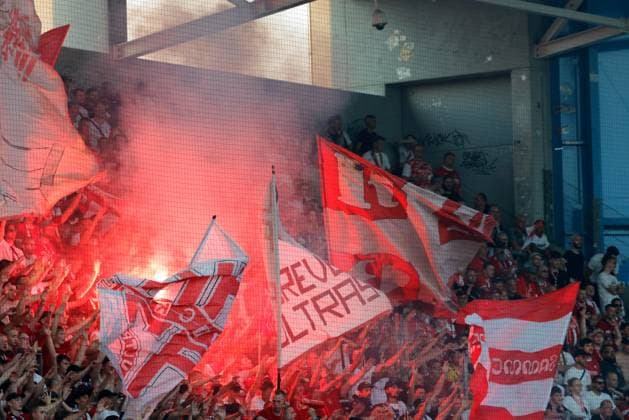 CFC vs. FSV Zwickau, August 4, 2026, Chemnitz, eins Stadium on Gellertstrasse, Sports, Soccer, Northeast Regional League 2026–2027, Matchday 3, CFC, CFC vs. FSV Zwickau, Pyrotechnics in the Zwickau fan section, Chemnitz, Saxony, Germany
