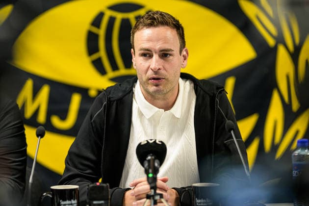 August 4, 2026: Coach Karl Marius Aksum of Mjällby at the press conference following the Champions League soccer qualifying match between Mjällby and Slovan Bratislava on August 4, 2026 in Hällevik. Photo by Christoffer Borg Mattisson, BILDBYRAN COP 261 CB0545 soccer football UEFA Champions League Mjällby Slovan Bratislava bbeng  Copyright: CHRISTOFFERxBORGxMATTISSON BB260804CB151