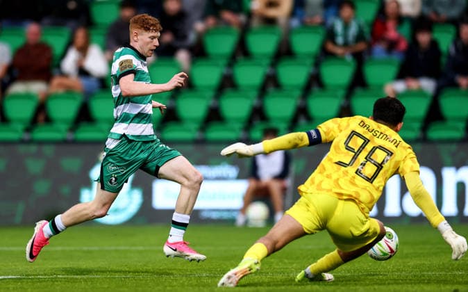 UEFA Europa League Third Qualifying Round First Leg, Tallaght Stadium, Dublin 4 8 2026 Shamrock Rovers vs KF Egnatia Shamrock Rovers Adam Brennan has a shot on goal Adam Brennan has a shot on goal 4 8 2026  Copyright: xx JR1W6229