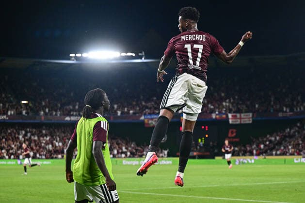 John Mercado of Sparta, right, celebrates a goal during the 1st leg, 3rd qualifying round match of the Football Champions League between Sparta Praha and Olympique Lyon, on August 4, 2026, in Prague, Czech Republic. (CTKxPhoto OndrejxDeml) CTKPhotoP2026080407052  CTKPhotoP2026080407052