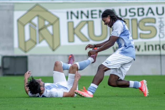 Chemnitz, Germany, August 4, 2026, Northeast Regional League 2026–2027, Matchday 3: Chemnitzer FC vs. FSV Zwickau. Pictured: Domenico Alberico (CFC) and Ken Tchouangue (CFC) celebrate after Tchouangue’s goal to make it 1–0. Copyright: xFotostandx xNachtigallx