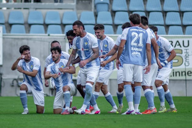 Chemnitz, Germany, August 4, 2026, Northeast Regional League 2026–2027, Matchday 3: Chemnitzer FC vs. FSV Zwickau. Pictured: The Chemnitz team celebrates after scoring the 1–0 goal. Copyright: xFotostandx xNachtigallx