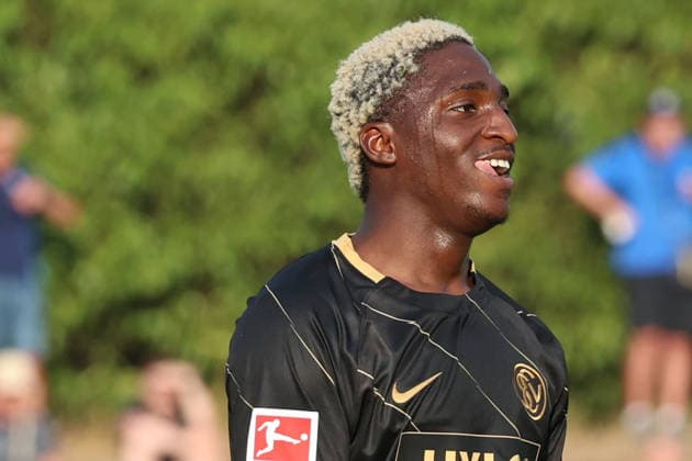 August 4, 2026, xrekx, Soccer Friendly Match, SV Elversberg vs. Racing Strasbourg, featuring David Mokwa, SV 07 Elversberg. DFL and DFB regulations prohibit any use of photographs as image sequences and or quasi-video. Haguenau