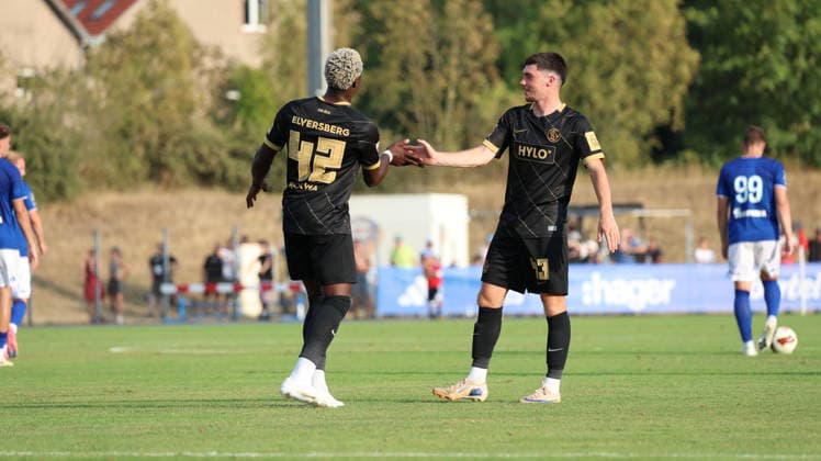 August 4, 2026, xrekx, Soccer Friendly Match, SV Elversberg vs. Racing Strasbourg – Goal celebration after Felix Keidel’s goal (2–4) for SV 07 Elversberg, featuring David Mokwa. SV 07 Elversberg. DFL and DFB regulations prohibit any use of photographs as image sequences and or QUASI-VIDEO Haguenau