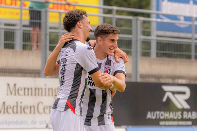 Memmingen, Germany, August 3, 2026 Toto Cup Bavarian State Cup 2026–2027, Round 2: FC Memmingen vs. FC Ingolstadt 04. Pictured from left: Goal scorer Davide Danilo Sekulovic of FCI celebrates his goal to make it 0–3 with Emre Gül Guel FCI at ArenaPark Bayern Copyright: xFotostandx xSchäferx