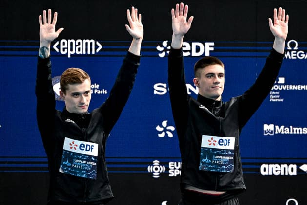 Nikita Shleikher, Ruslan Ternovoi Neutral Athletes B celebrate after winning the gold medal in the diving 10m Platform Synchro Men Final during the European Aquatics Championships at the Olympic Aquatic Center in Paris (France), August 4, 2026. Andrea Masini Deepbluemedia Insidefoto