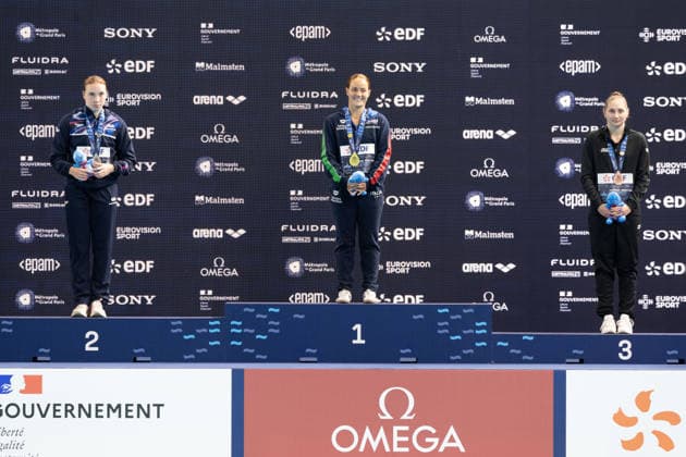 Women 3m springboard diving final European Aquatics Championships - Saint-Denis Silver medallist Britain s diver Yasmin Harper, Gold medallist Italy s diver Chiara Pellacani and Bronze medallist Neutral Athletes diver Nadezhda Trifonova celebrate on the podium following the women’s 3m springboard diving final event during the LEN European Aquatics Championships, at the Olympic Aquatics Centre in Saint-Denis, northeastern suburbs of Paris, on August 4, 2026. Photo by Raphael Lafargue ABACAPRESS.COM Saint-Denis France  Copyright: xLafarguexRaphael ABACAx
