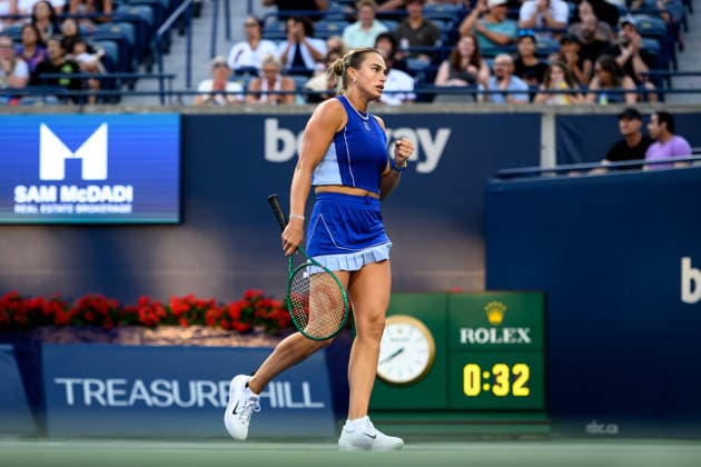August 4, 2026, Toronto, Ontario, Canada: ARYNA SABALENKA of Belarus celebrates winning a point during her second-round match against Moyuka Uchijima of Japan at the National Bank Open, part of the Hologic WTA, Tennis Damen Tour, at Sobeys Stadium. Sabalenka defeated Uchijima 6Ã¢â‚¬3, 6Ã¢â‚¬3 to advance to the third round. Toronto Canada - ZUMAr228 20260804_znp_r228_036 Copyright: xVasiliyxRyabykhx