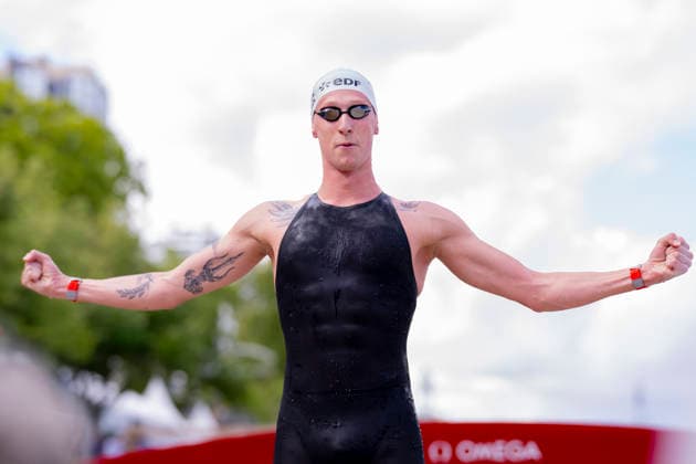 France, Paris, Centre Aquatique Olympique Metropole du Grand Paris, August 5, 2026, European Aquatics Championships – Artistic Swimming, Day 6, 5 km Open Water, Florian Wellbrock of Germany celebrates winning the race, Photo by Eibner Pressefoto Tino Henschel European Aquatics Championships – Artistic Swimming, Day 6, 5 km Open Water, Paris Copyright: xEibnerxPressefotox