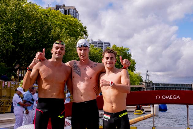 France, Paris, Centre Aquatique Olympique Metropole du Grand Paris, August 5, 2026, European Aquatics Championships – Artistic Swimming, Day 6, 5 km Open Water, Gregorio Paltrinieri of Italy, Florian Wellbrock of Germany, and David Betlehem of Hungary, Photo by Eibner Pressefoto Tino Henschel European Aquatics Championships – Artistic Swimming, Day 6, 5 km Open Water, Paris Copyright: xEibnerxPressefotox