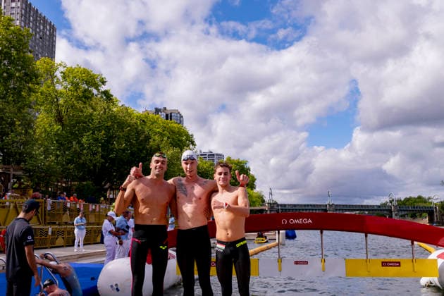 France, Paris, Centre Aquatique Olympique Metropole du Grand Paris, August 5, 2026, European Aquatics Championships – Artistic Swimming, Day 6, 5 km Open Water, Gregorio Paltrinieri of Italy, Florian Wellbrock of Germany, and David Betlehem of Hungary, Photo by Eibner Pressefoto Tino Henschel European Aquatics Championships – Artistic Swimming, Day 6, 5 km Open Water, Paris Copyright: xEibnerxPressefotox