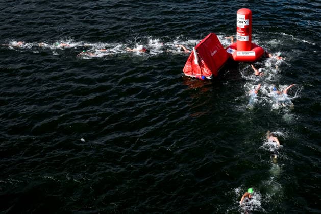 General View in the open water swimming 5km Men Final during the European Aquatics Championships at the River Seine in Paris (France), August 5, 2026. Andrea Staccioli