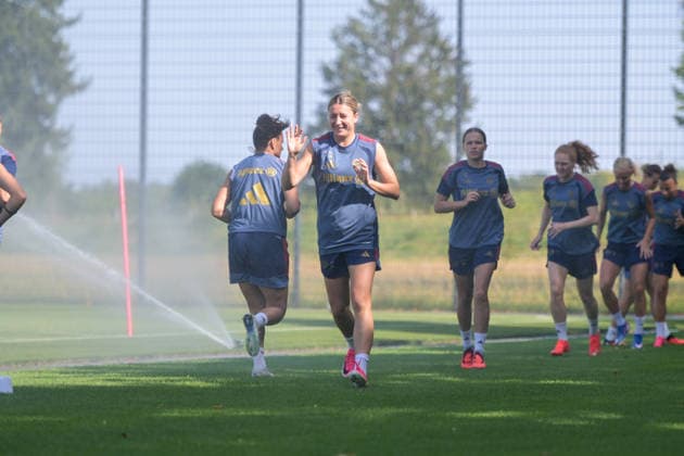 August 5, 2026, Munich, Germany Google Pixel Women s Bundesliga The FC Bayern Women s team holds a training session at the FC Bayern Campus in preparation for their friendly match against Paris FC Barbara Dunst FC Bayern Women