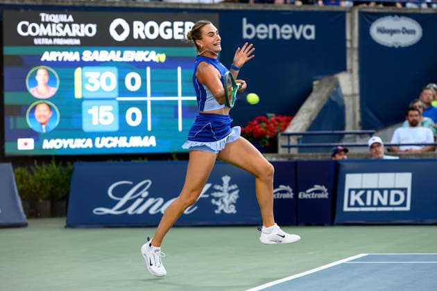 August 4, 2026, Toronto, Ontario, Canada: ARYNA SABALENKA of Belarus returns the ball during her second-round match against Moyuka Uchijima of Japan at the National Bank Open, part of the Hologic WTA, Tennis Damen Tour, at Sobeys Stadium. Toronto Canada - ZUMAr228 20260804_znp_r228_037 Copyright: xVasiliyxRyabykhx