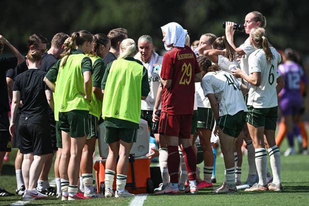 August 5, 2026: Hammarby players during a break to cool off in the UEFA Women’s Champions League qualifying match between Hammarby and Apolonia on August 5, 2026 in Biella. Photo by Daniele Buffa, BILDBYRAN COP 18 XY0120 soccer football fotball UEFA Women’s Champions League Hammarby Apolonia women’s BBENG qualifiers  Copyright: DanielexBuffa BB260805BB225