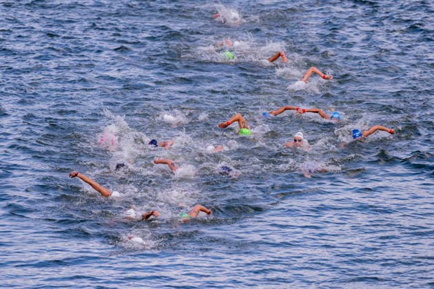 France, Paris, Centre Aquatique Olympique Metropole du Grand Paris, August 5, 2026, European Aquatics Championships – Artistic Swimming, Day 6, Women’s 5 km Open Water, Race action during the first rounds of the 5 km race, Photo by Eibner Pressefoto Tino Henschel European Aquatics Championships – Artistic Swimming, Day 6, Women’s 5 km Open Water, Paris Copyright: xEibnerxPressefotox