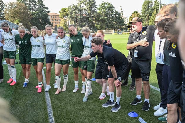 August 5, 2026: Hammarby head coach William Strömberg celebrates after the UEFA Women’s Champions League qualifying match between Hammarby and Apolonia on August 5, 2026 in Biella. Photo by Daniele Buffa. BILDBYRAN COP 18 XY0120 soccer football fotball UEFA Women’s Champions League Hammarby Apolonia women’s BBENG qualifiers celebration  Copyright: DanielexBuffa BB260805BB293