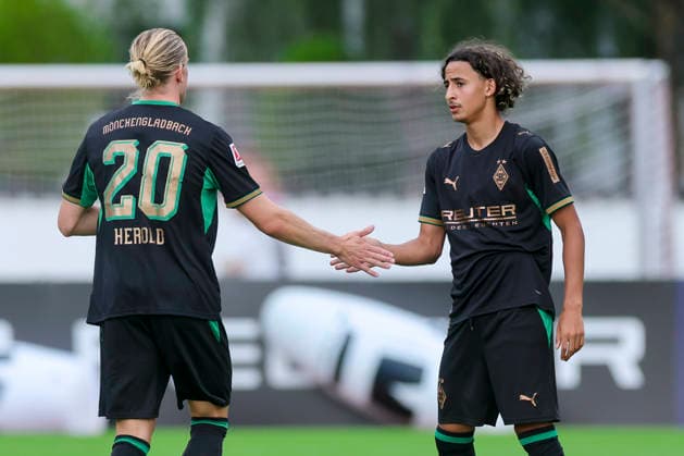 Wael Mohya of Borussia Mönchengladbach celebrates his goal—making the score 0–1—with David Herold of Borussia Mönchengladbach during the friendly match between FC Rottach Egern and Borussia Mönchengladbach, Birkenmoos Stadium on August 5, 2026, in Rottach-Egern, Germany Photo by Marco Steinbrenner, DeFodi Images Wael Mohya of Borussia Mönchengladbach celebrates after scoring his team’s first goal with David Herold of Borussia Mönchengladbach during the friendly match between FC Rottach Egern and Borussia Mönchengladbach at Birkenmoos Stadium on August 5, 2026 in Rottach Egern, Germany Photo by Marco Steinbrenner, DeFodi Images Photo by Marco Steinbrenner, DeFodi Images