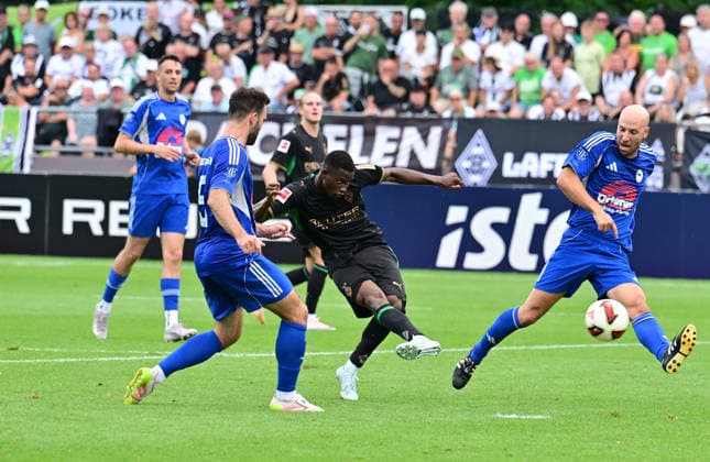 August 5, 2026, Rottach Egern Soccer, Men s, 2026–2027 season, Friendly Match: FC Rottach Egern vs. Borussia Mönchengladbach. Goal to make it 0–3 by Iaia Manco Danfa (Gladbach); the midfielder takes a shot and scores to make it 0–3. DFL regulations prohibit any use of photographs as image sequences and or quasi-video. Am Birkenmoos Stadium, Bavaria, Germany