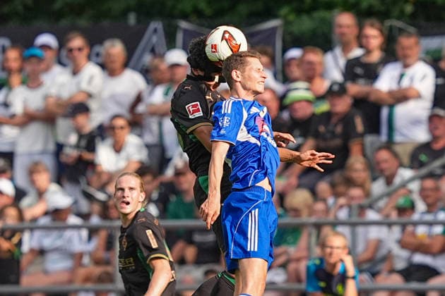 August 5, 2026, xydrx, Soccer, Friendly Match, FC Rottach Egern vs. Borussia Mönchengladbach, 2026–2027 Season, Birkenmoos Stadium, Tyler Louis Meiser (Borussia Mönchengladbach), No. 43 in a tackle against Tobias Schlichtner (FC Rottach Egern), No. 18. DFB regulations prohibit any use of photographs as image sequences and or quasi-video. Copyright: HMBxMedia YannisxDreimann