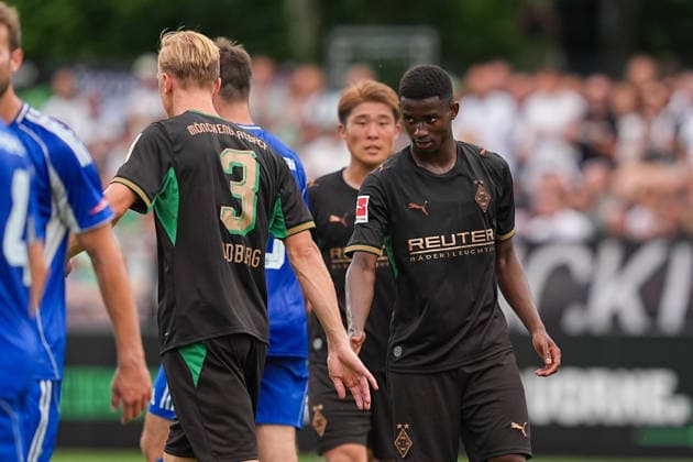 August 5, 2026, xydrx, soccer, exhibition match, FC Rottach Egern vs. Borussia Mönchengladbach, 2026–2027 season, Birkenmoos Stadium: Celebrations after Borussia Mönchengladbach’s 4–0 goal scored by Iaia Manco Danfa (Borussia Mönchengladbach, No. 39) alongside Isac Lidberg (Borussia Mönchengladbach, No. 3). DFB regulations prohibit any use of photographs as image sequences and or quasi-video. Copyright: HMBxMedia YannisxDreimann