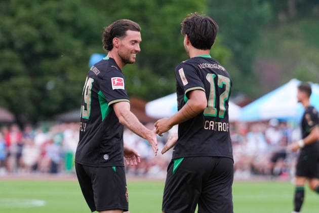 August 5, 2026, xydrx, soccer, exhibition match, FC Rottach Egern vs. Borussia Mönchengladbach, 2026–2027 season, Birkenmoos Stadium: Celebrations after Borussia Mönchengladbach’s 9–0 goal scored by Jens Castrop (Borussia Mönchengladbach, No. 17) alongside Joe Scally (Borussia Mönchengladbach, No. 29). DFB regulations prohibit any use of photographs as image sequences and or quasi-video. Copyright: HMBxMedia YannisxDreimann