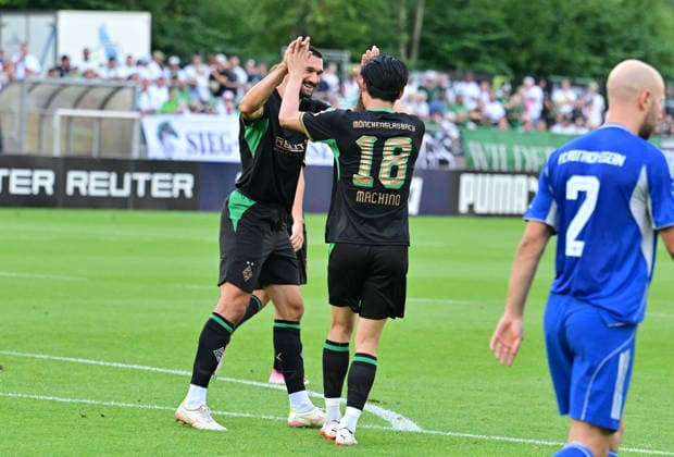 August 5, 2026 Rottach Egern Soccer, Men s, 2026–2027 Season, Friendly Match: FC Rottach Egern vs. Borussia Mönchengladbach. Goal celebration by goal scorer Tim Kleindienst (Gladbach, left) and assist provider Shuto Machino (Gladbach, right) after the goal that made the score 0–10. DFL regulations prohibit any use of photographs as image sequences and or quasi-video. Am Birkenmoos Stadium, Bavaria, Germany